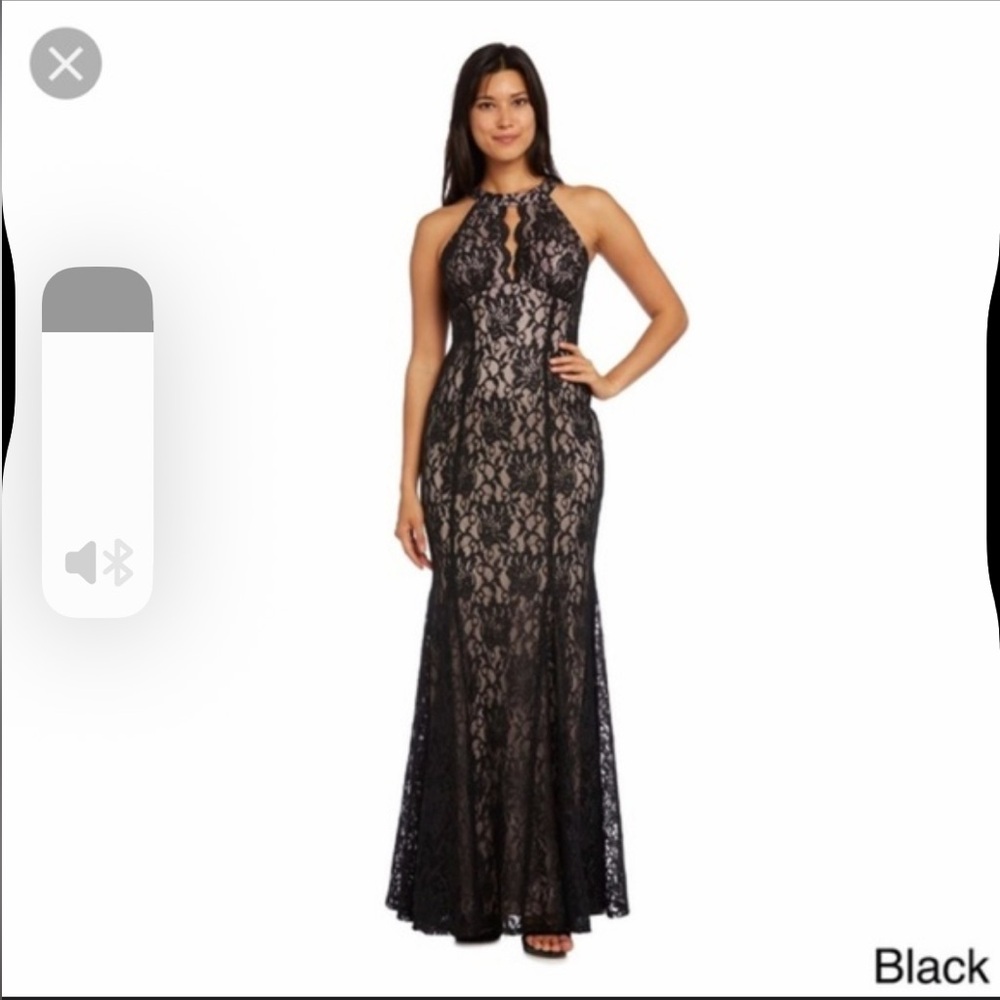 Black Lace Overlay Halter Evening Gown